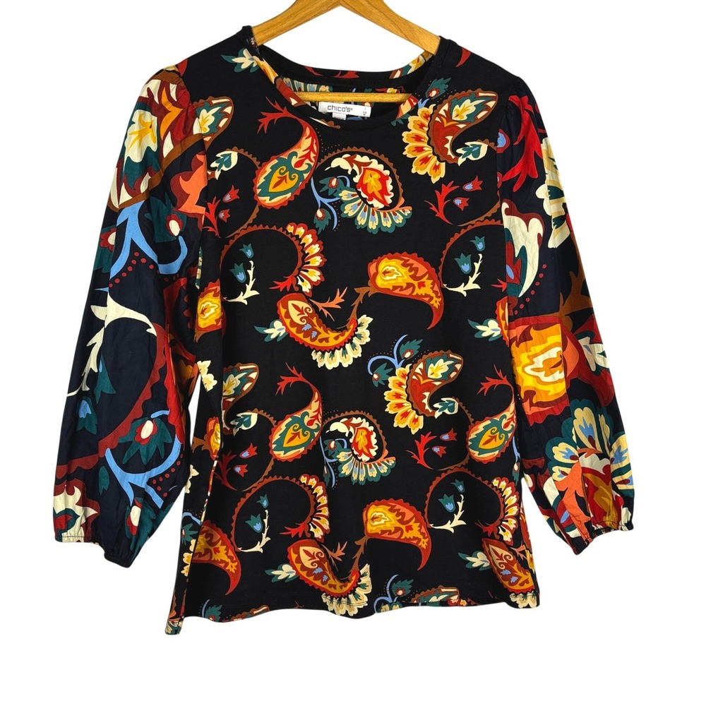 Chico's Paisley Mixed Media Long Puff Sleeve Top Sz 1 /M Boho Artsy Folk Peasant